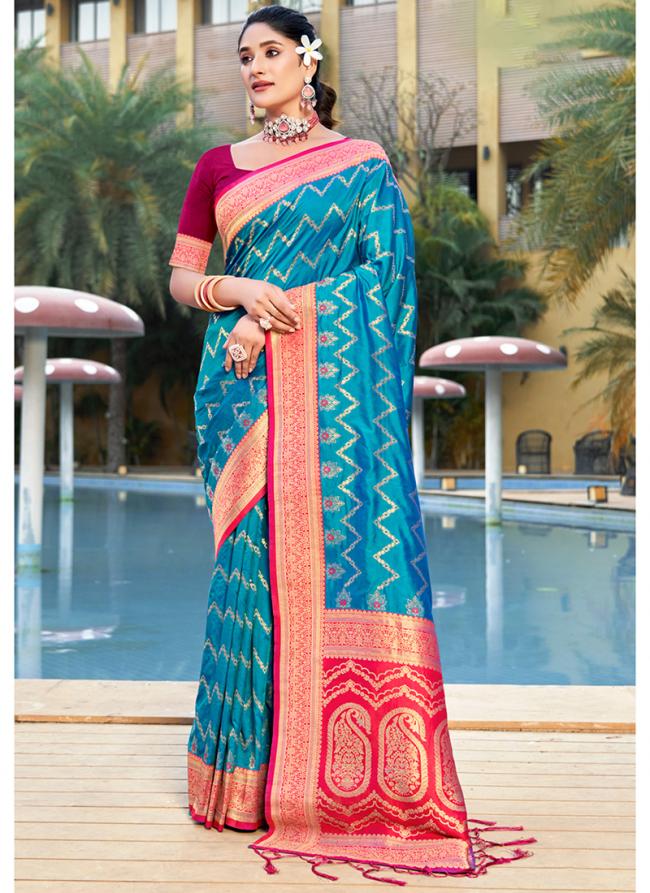 Banarasi Silk Sky Blue Party Wear Weaving Saree